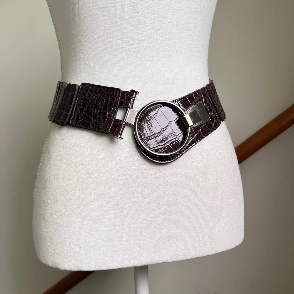 Y2K Wide Elastic Belt Large Brown Faux Croc Silver O-Ring Buckle Chunky Wide Big